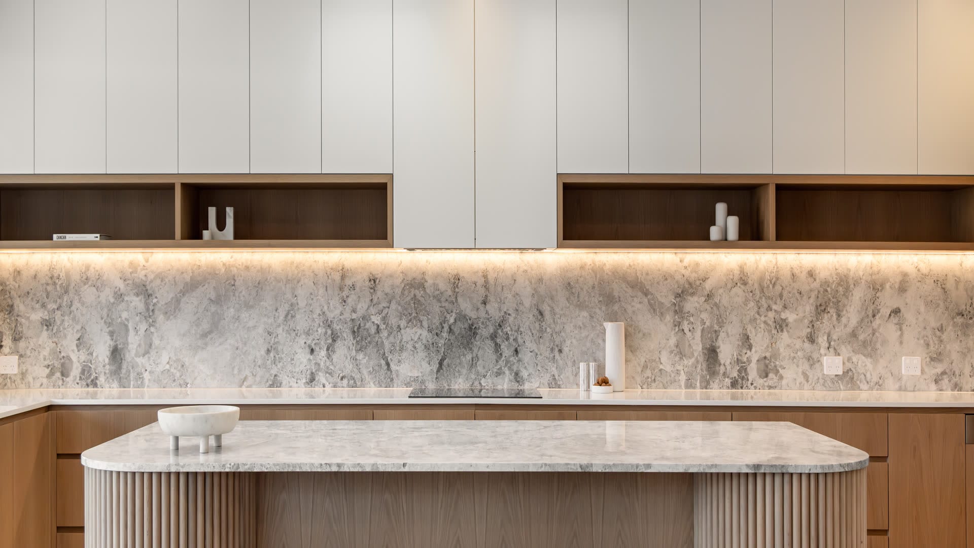SV Built — kitchen interior, fluted island and marble benchtop
